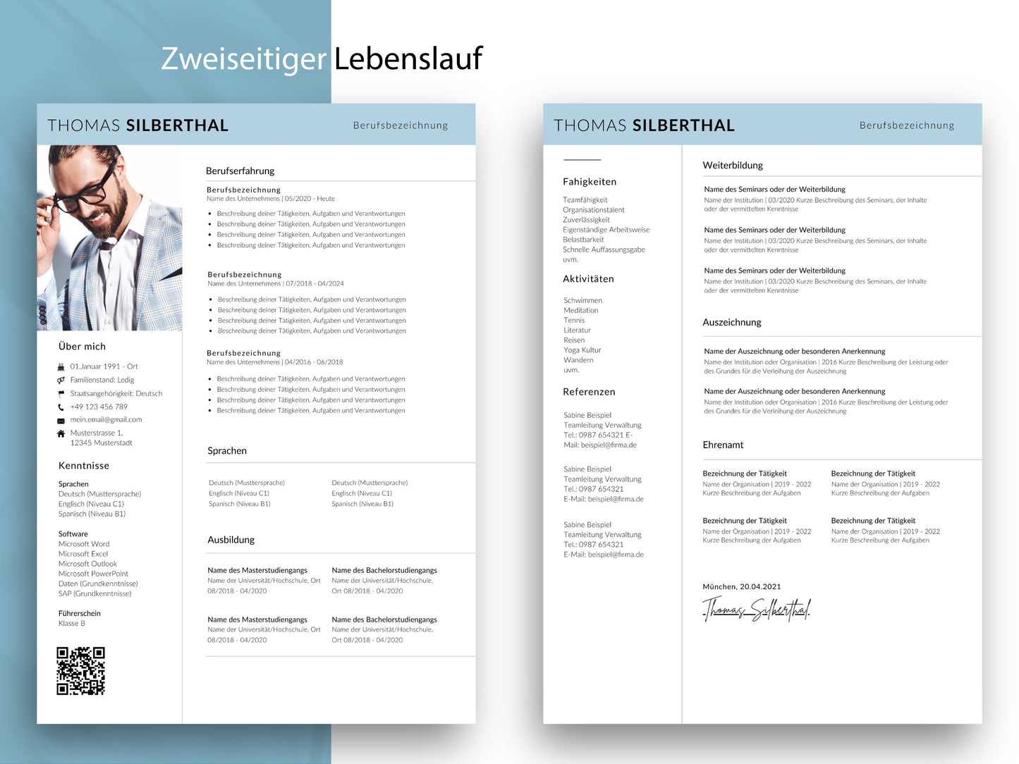 Zweiseitige Lebenslauf Vorlage im modernen Design 2026 für ein umfangreiches, professionelles Bewerbungsset auf Deutsch.
