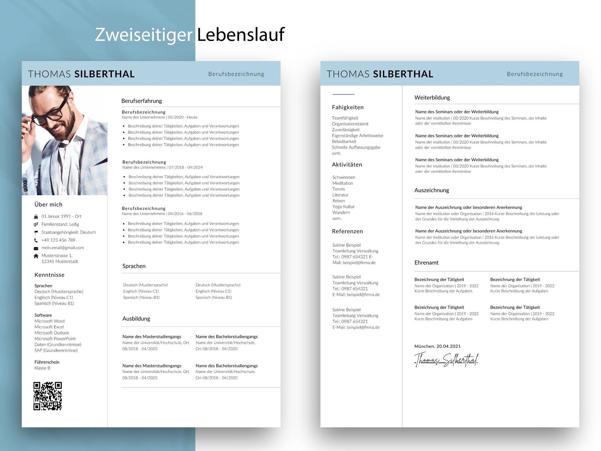 Zweiseitige Lebenslauf Vorlage im modernen Design 2026 für ein umfangreiches, professionelles Bewerbungsset auf Deutsch.