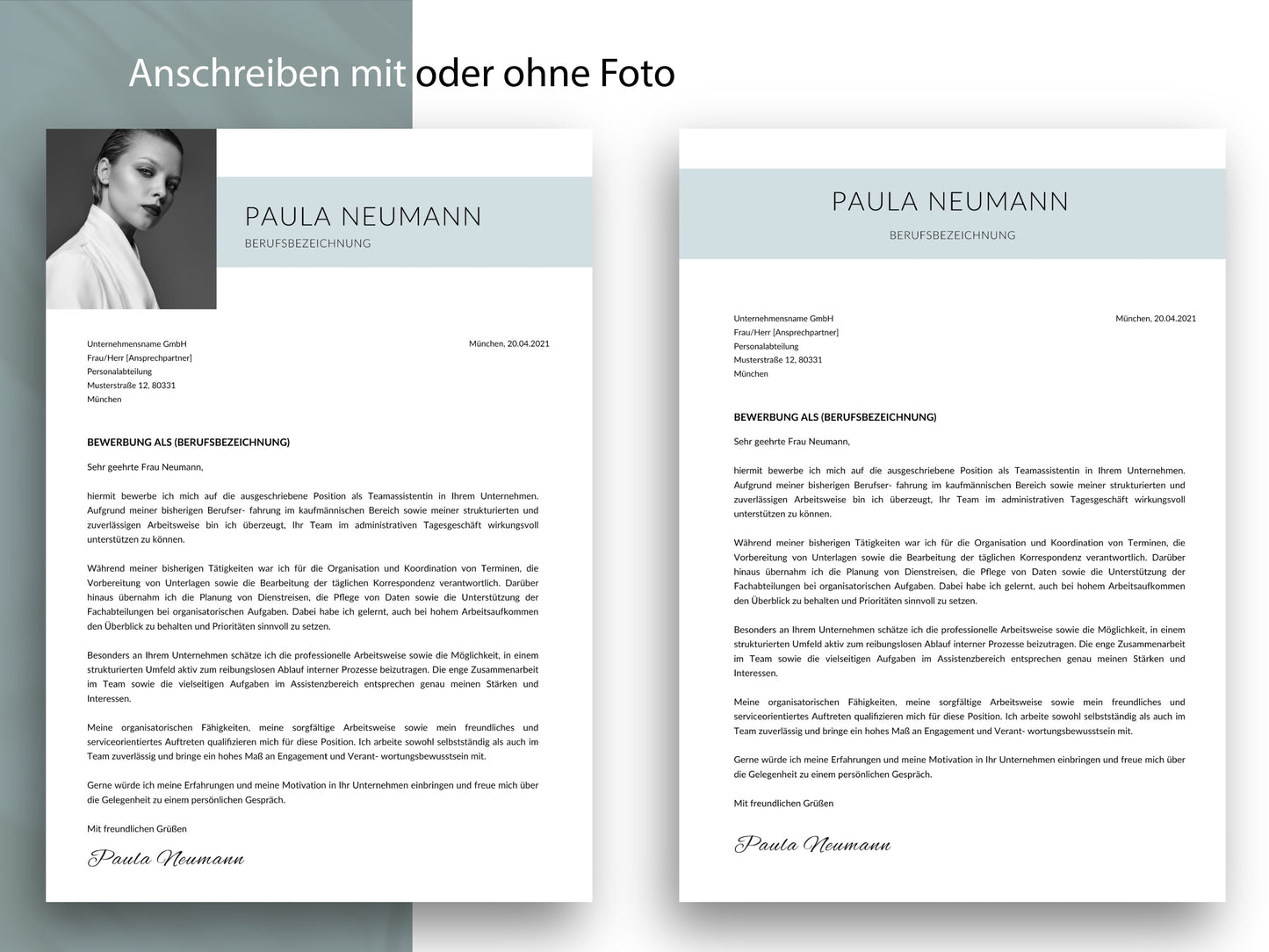Professionelles Anschreiben der Bewerbungsvorlage in zwei Design-Varianten mit und ohne Foto für einen seriösen ersten Eindruck.