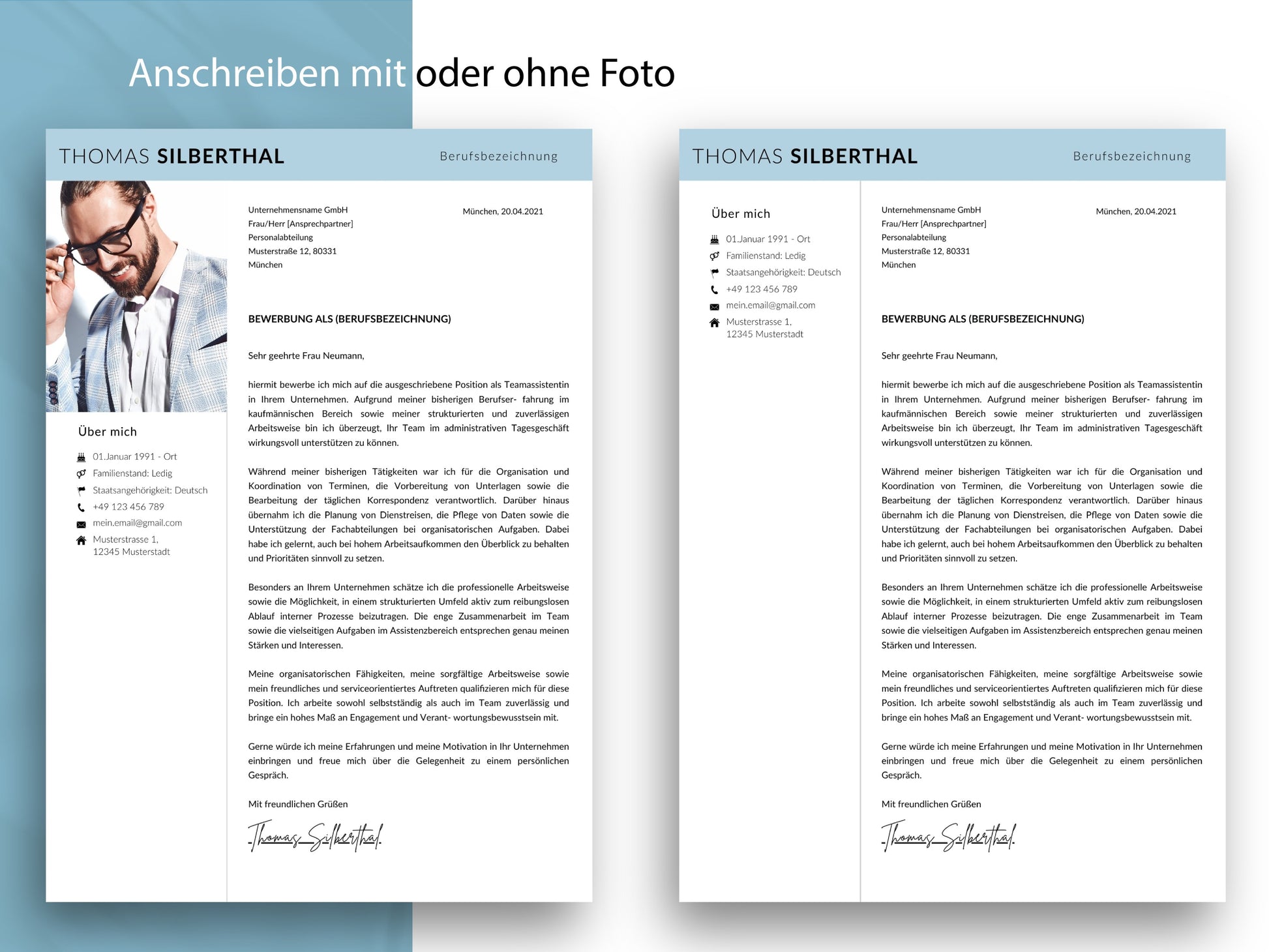 Professionelle Vorlage für ein Anschreiben im modernen Design 2026, passend zum Bewerbungsset mit oder ohne Foto.