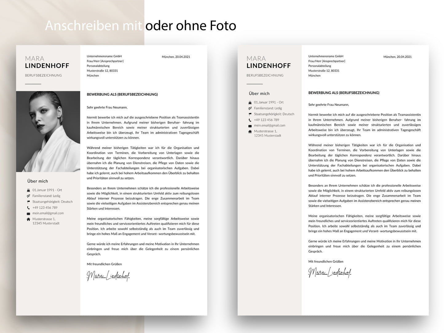 Professionelle Anschreiben-Vorlage für Word und Canva in zwei Layout-Optionen – mit und ohne Bewerbungsfoto.