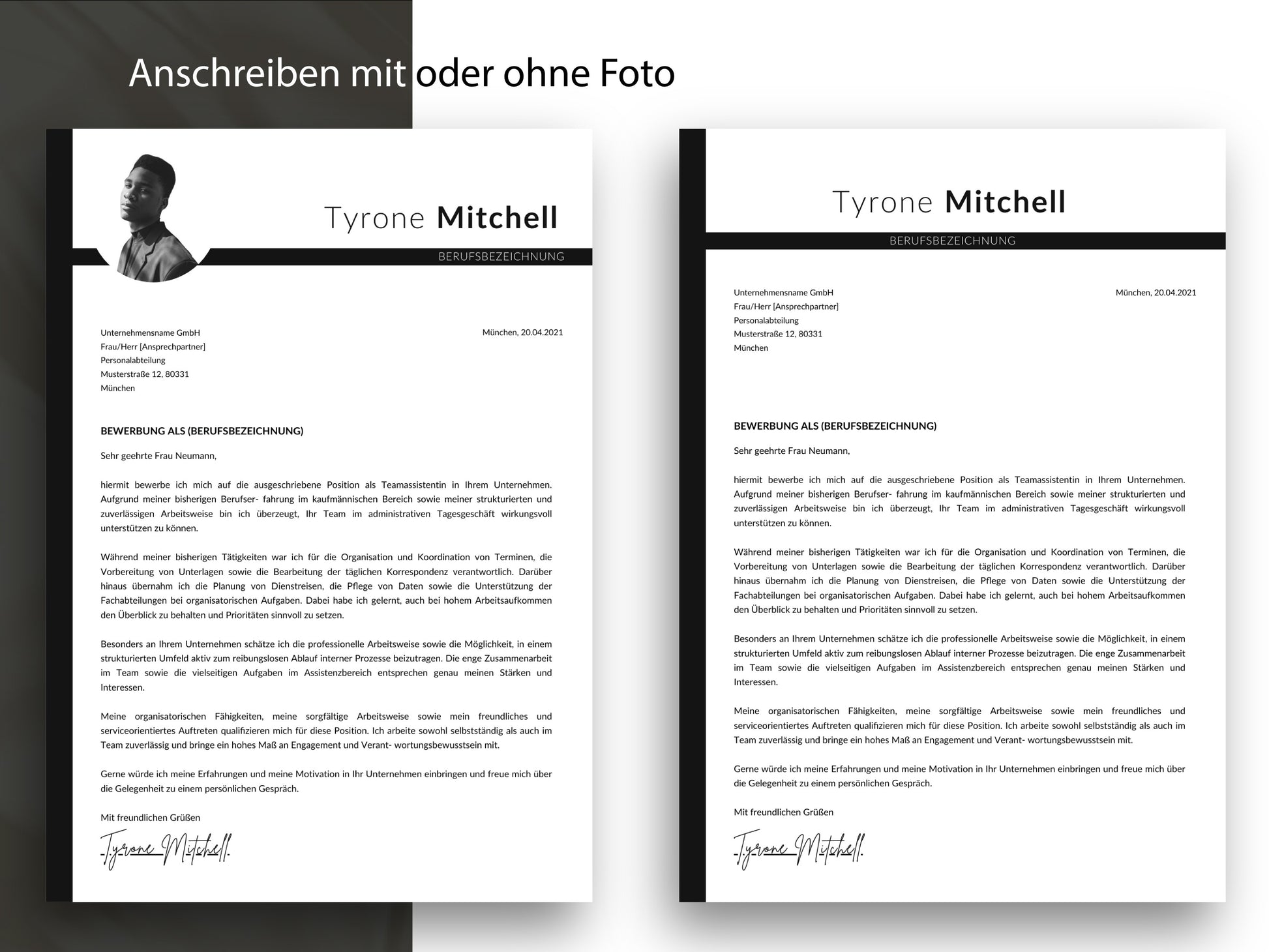 Professionelle Anschreiben-Vorlage für die Bewerbung, wahlweise mit oder ohne Foto, bearbeitbar als Word- und Canva-Datei.