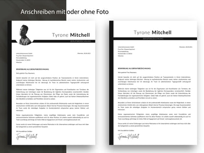 Professionelle Anschreiben-Vorlage für die Bewerbung, wahlweise mit oder ohne Foto, bearbeitbar als Word- und Canva-Datei.