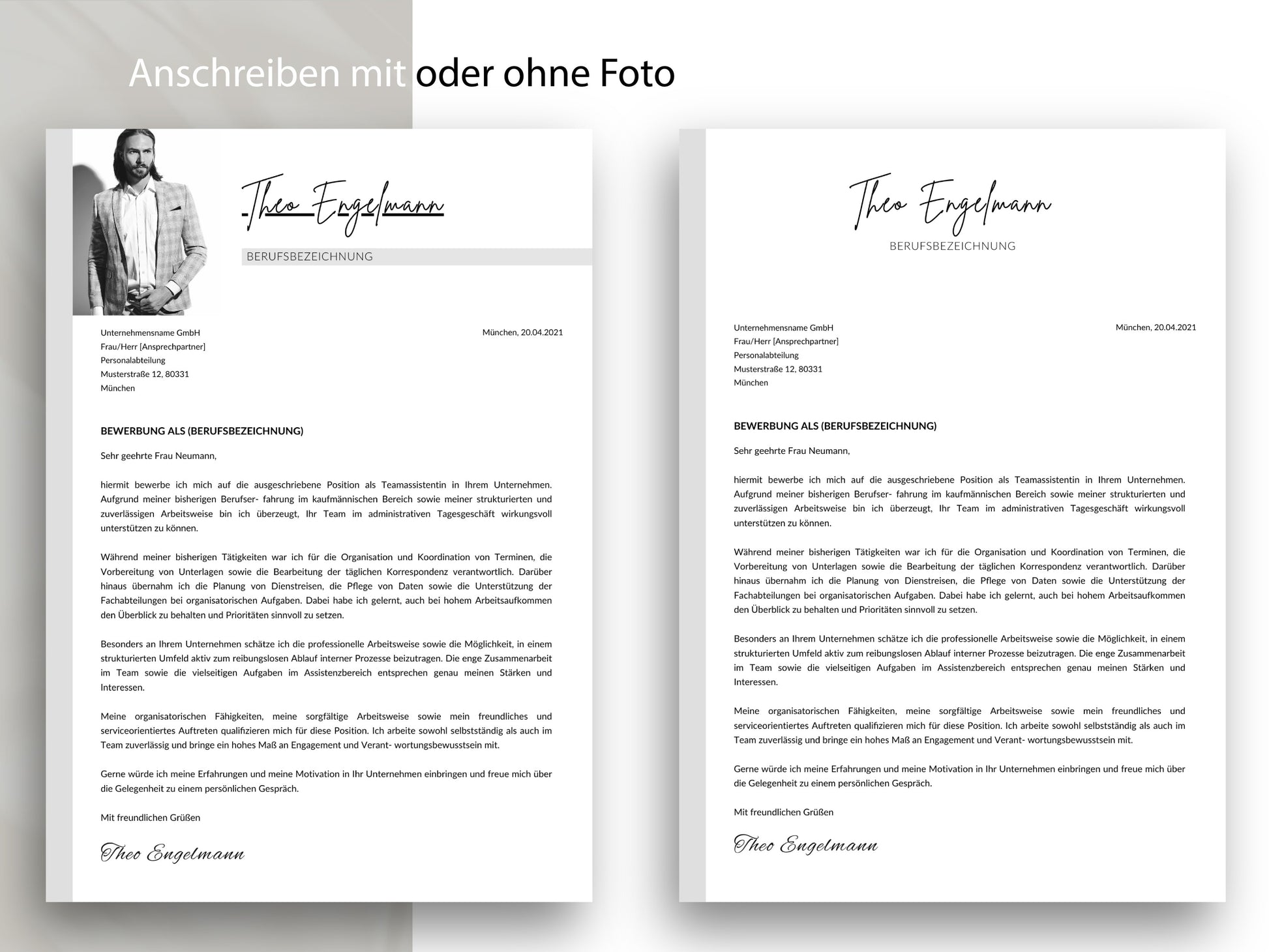 Passendes Anschreiben der Bewerbungsvorlage Professional, wahlweise mit oder ohne Foto für ein stimmiges Gesamtbild.