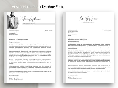 Passendes Anschreiben der Bewerbungsvorlage Professional, wahlweise mit oder ohne Foto für ein stimmiges Gesamtbild.