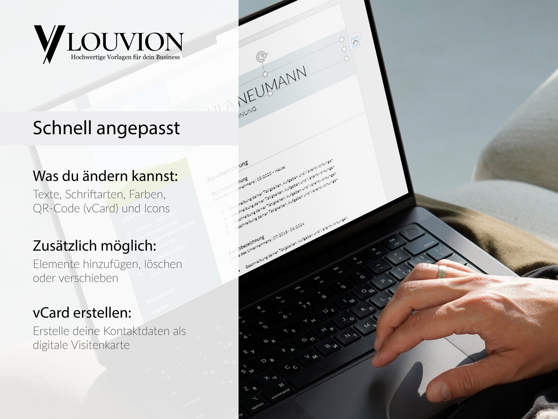 Einfache Bearbeitung der Lebenslauf-Vorlage am Laptop zur Anpassung von Texten, Farben und Erstellung einer vCard.