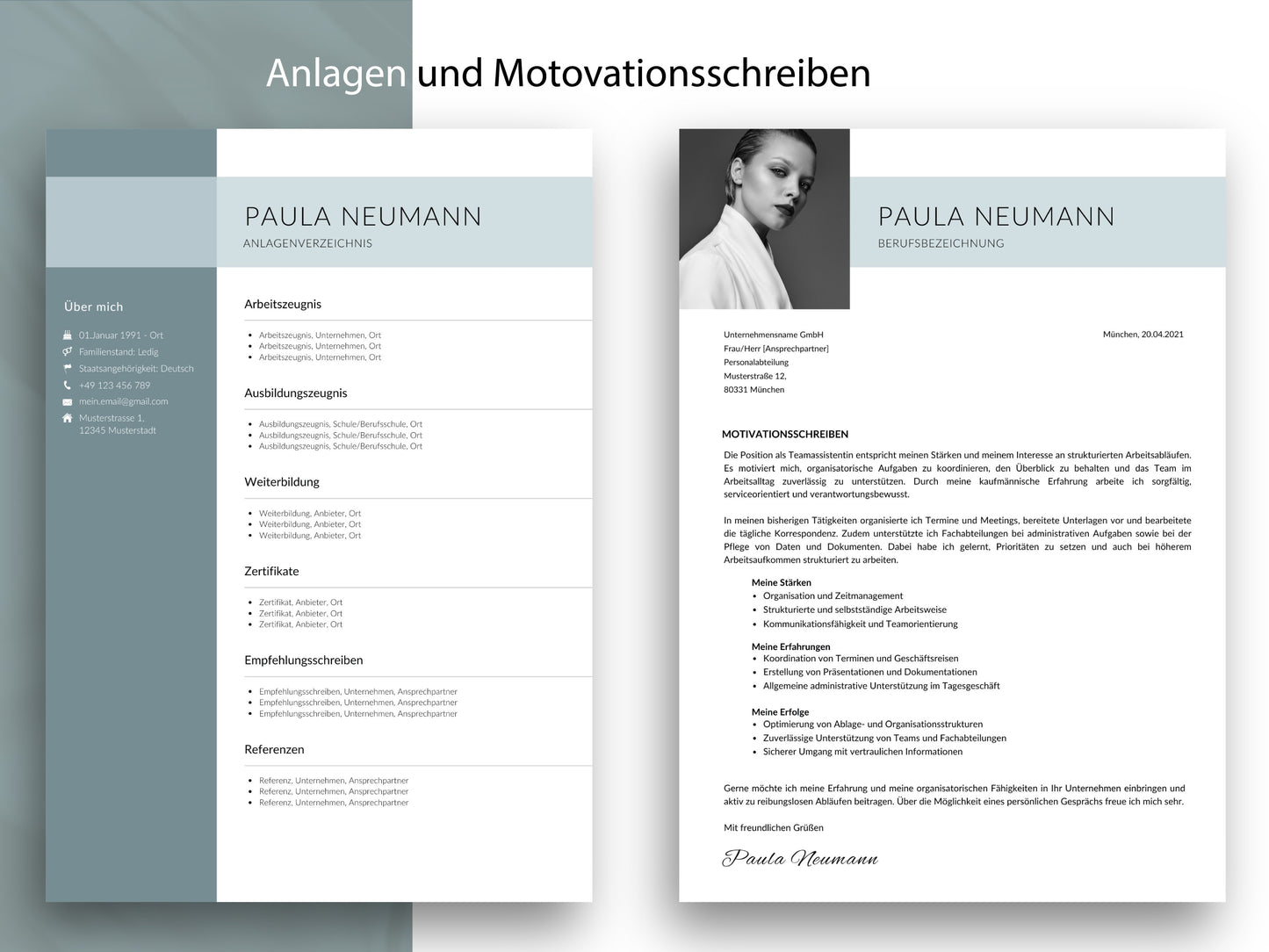 Passendes Motivationsschreiben und Anlagenverzeichnis im modernen Design als Teil des professionellen Bewerbungskomplettsets.