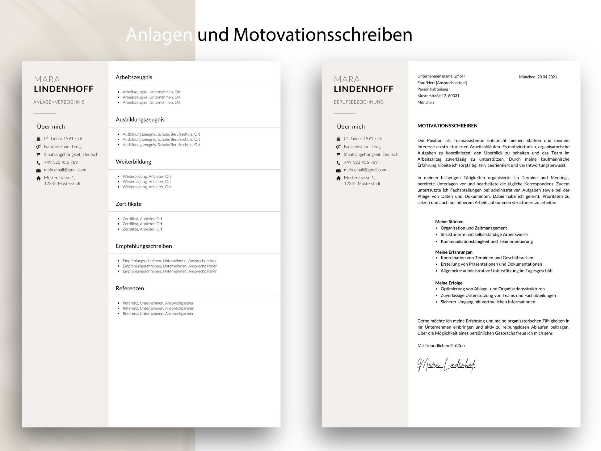 Anlagenverzeichnis und Motivationsschreiben als Teil der 9-seitigen modernen Bewerbungsvorlage für Word und Canva.