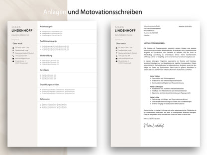 Anlagenverzeichnis und Motivationsschreiben als Teil der 9-seitigen modernen Bewerbungsvorlage für Word und Canva.