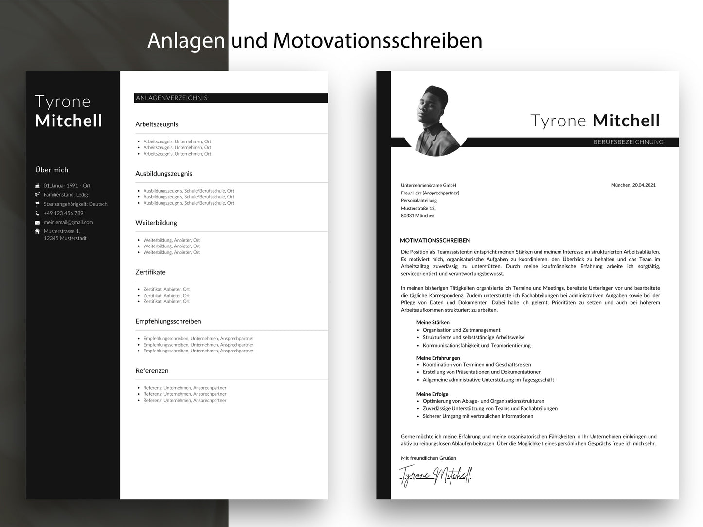 Vorlagen für Motivationsschreiben und Anlagenverzeichnis im Set für eine strukturierte und professionelle Bewerbung.