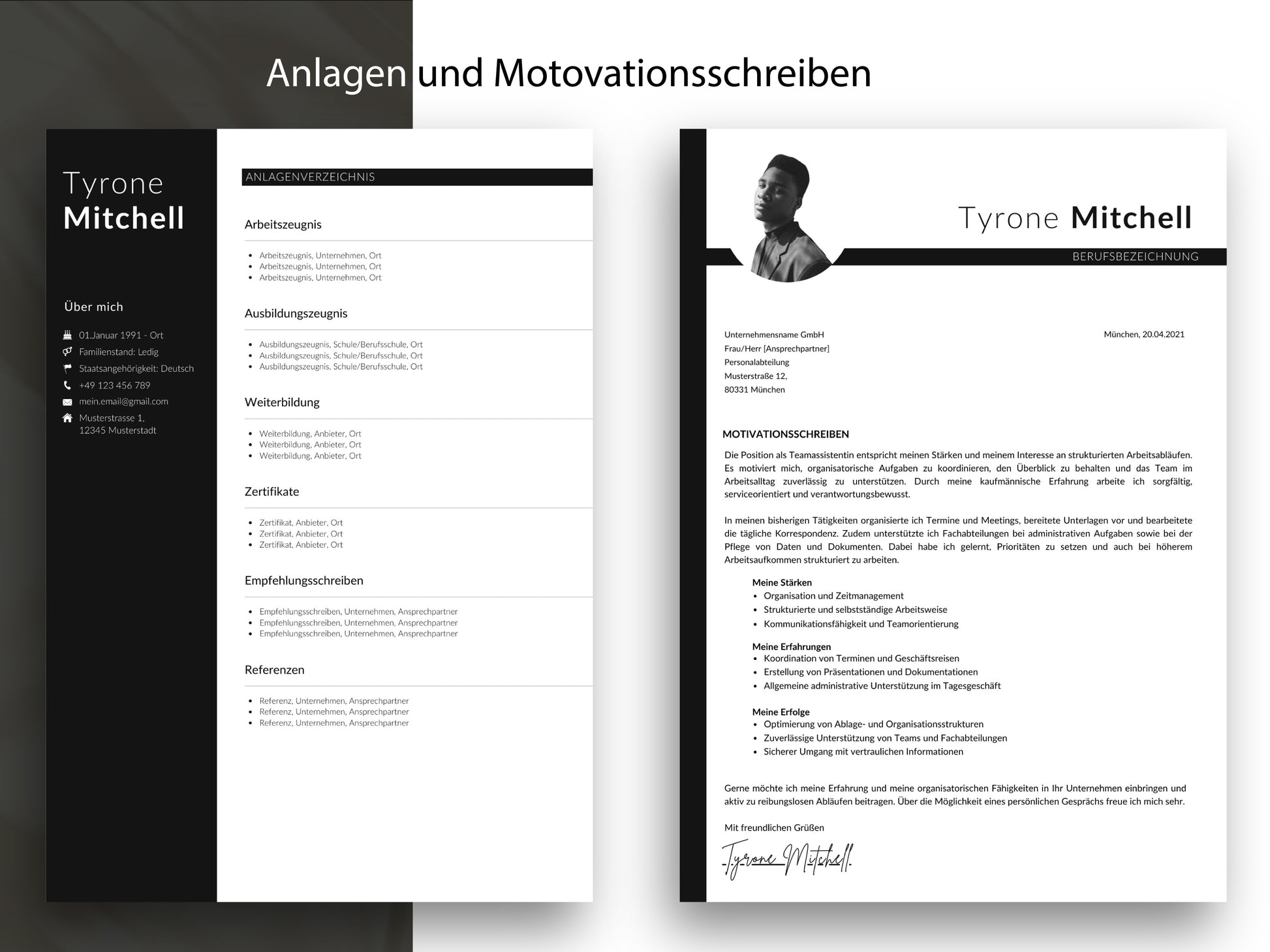 Vorlagen für Motivationsschreiben und Anlagenverzeichnis im Set für eine strukturierte und professionelle Bewerbung.