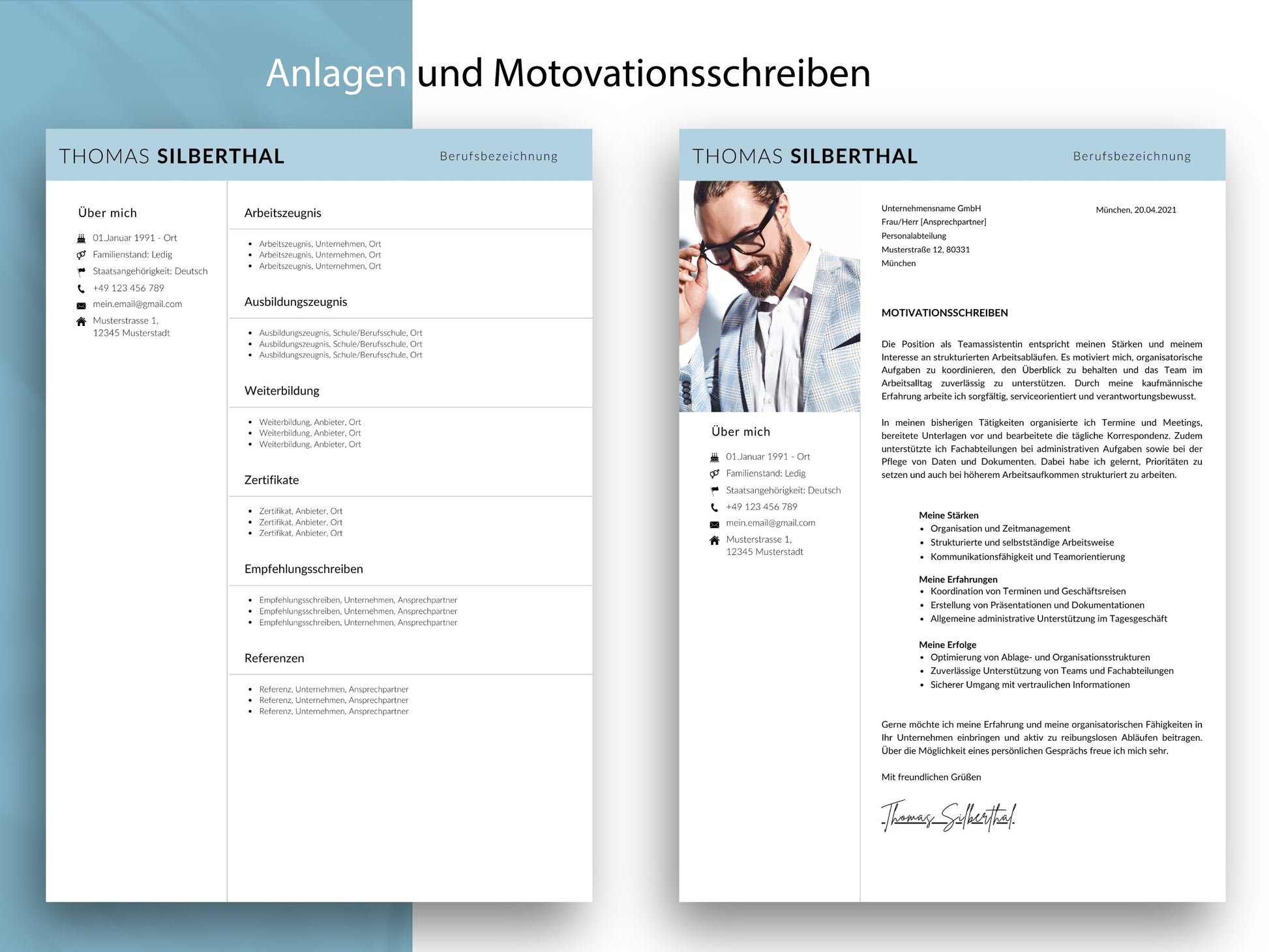 Professionelle Vorlagen für Motivationsschreiben und Anlagenverzeichnis im modernen Design 2026 für Ihr Bewerbungsset.