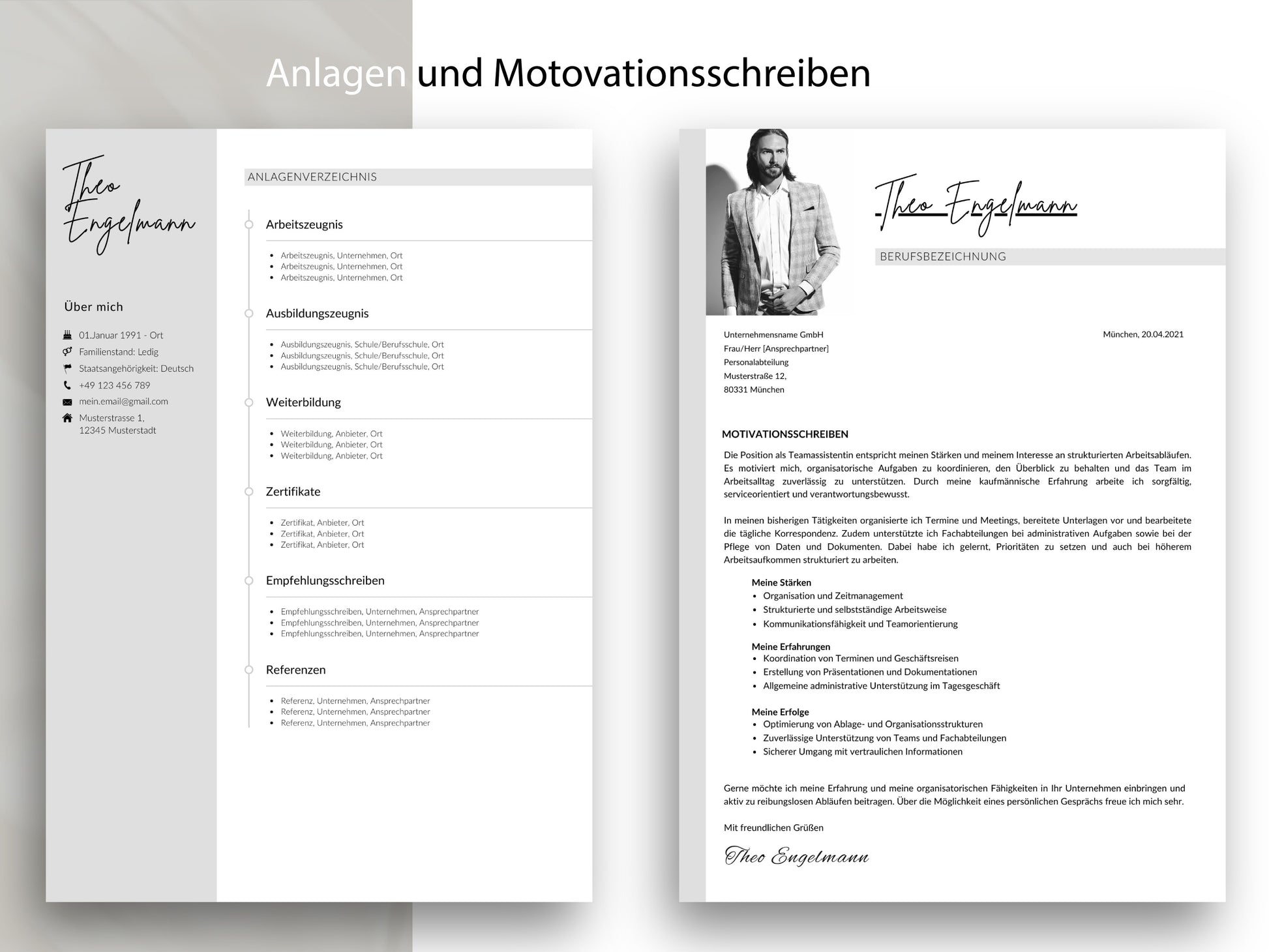 Strukturiertes Anlagenverzeichnis und Motivationsschreiben als Teil der professionellen Bewerbungsvorlage im 2026 Set.