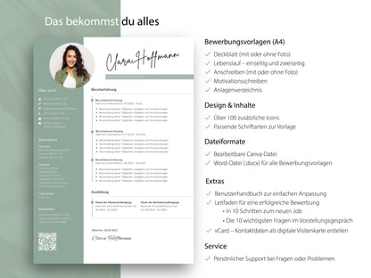 Übersicht der professionellen Lebenslauf Vorlage für Word und Canva mit allen Inhalten für eine komplette Bewerbung.