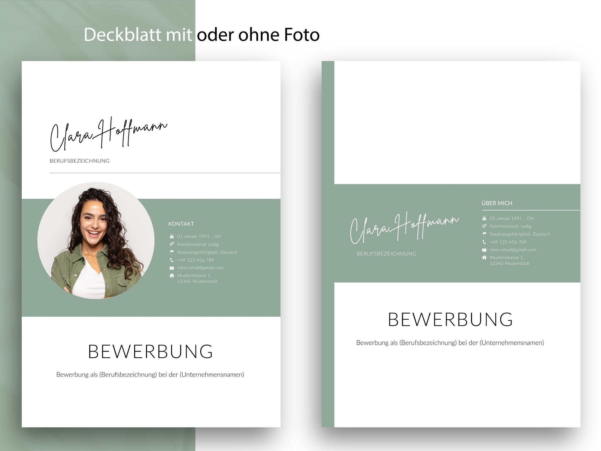 Professionelles Deckblatt für die Bewerbung mit oder ohne Foto als Teil der Lebenslauf Vorlage für Word und Canva.
