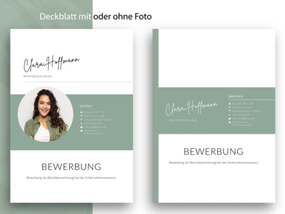 Professionelles Deckblatt für die Bewerbung mit oder ohne Foto als Teil der Lebenslauf Vorlage für Word und Canva.