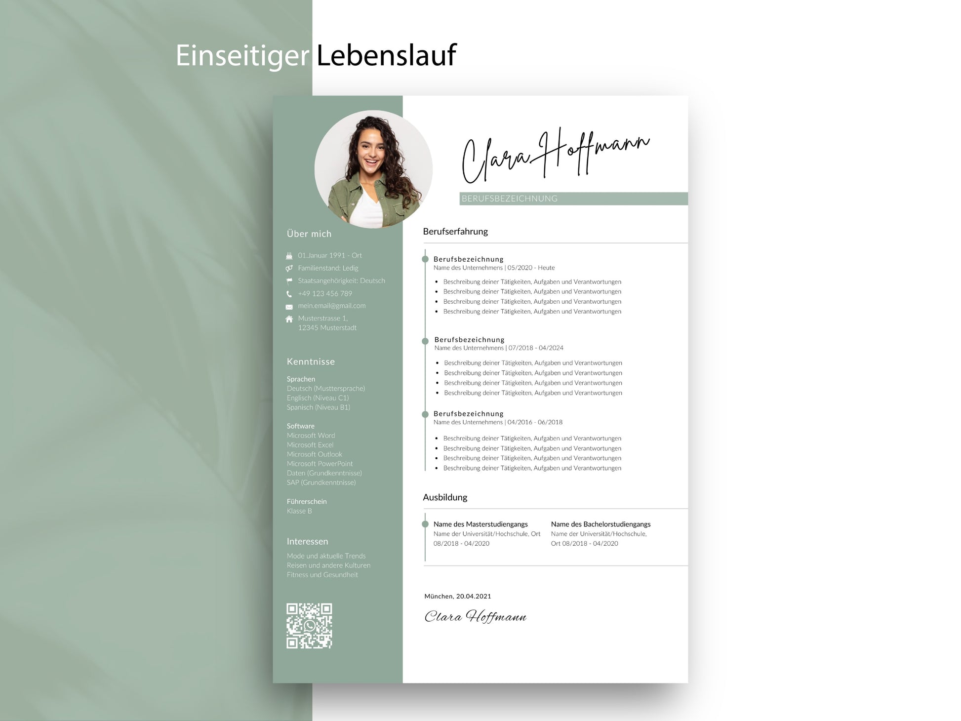 Einseitiger Lebenslauf in modernem Design als bearbeitbare Word oder Canva Vorlage für eine professionelle Bewerbung.