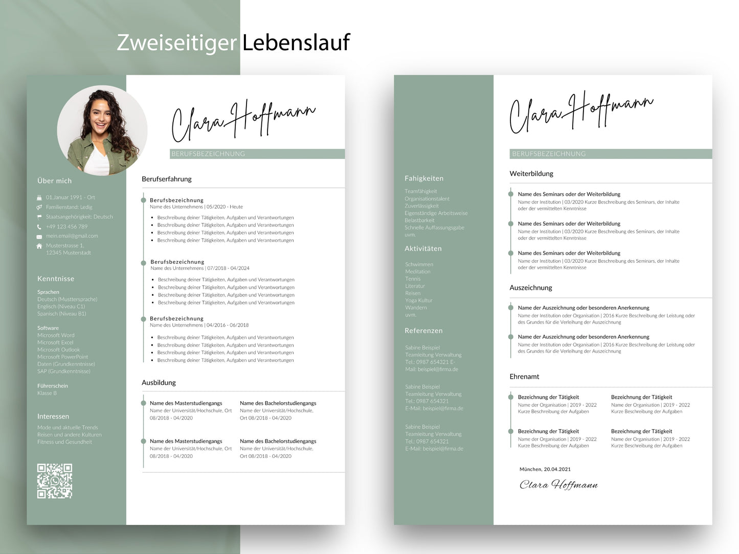 Zweiseitiger Lebenslauf als professionelle Vorlage für Word und Canva mit viel Platz für Berufserfahrung und Expertise.