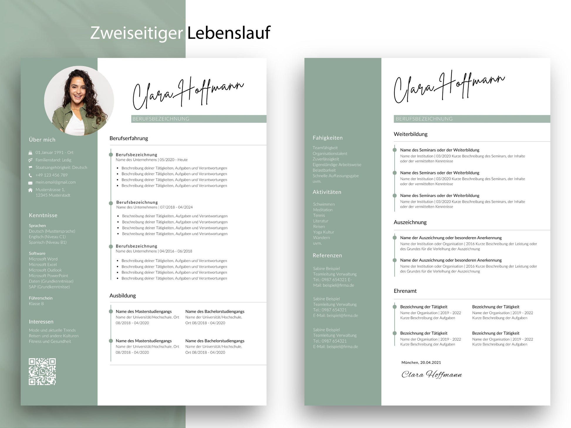 Zweiseitiger Lebenslauf als professionelle Vorlage für Word und Canva mit viel Platz für Berufserfahrung und Expertise.