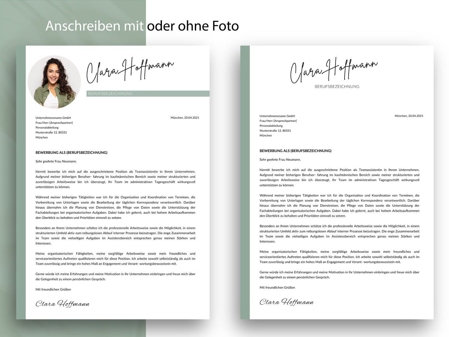 Professionelles Anschreiben für die Bewerbung mit oder ohne Foto in der Lebenslauf Vorlage für Word und Canva.