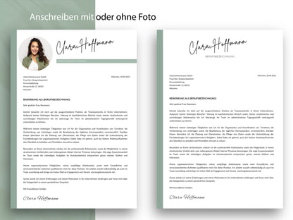 Professionelles Anschreiben für die Bewerbung mit oder ohne Foto in der Lebenslauf Vorlage für Word und Canva.