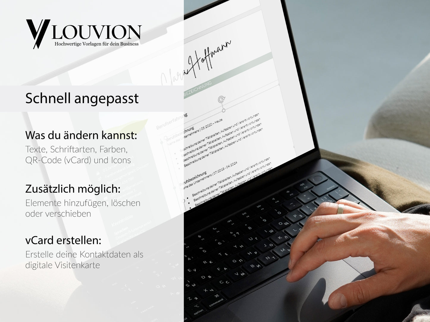 Einfache Bearbeitung der Lebenslauf Vorlage in Word oder Canva inklusive vCard-Erstellung für moderne Bewerbungsunterlagen.