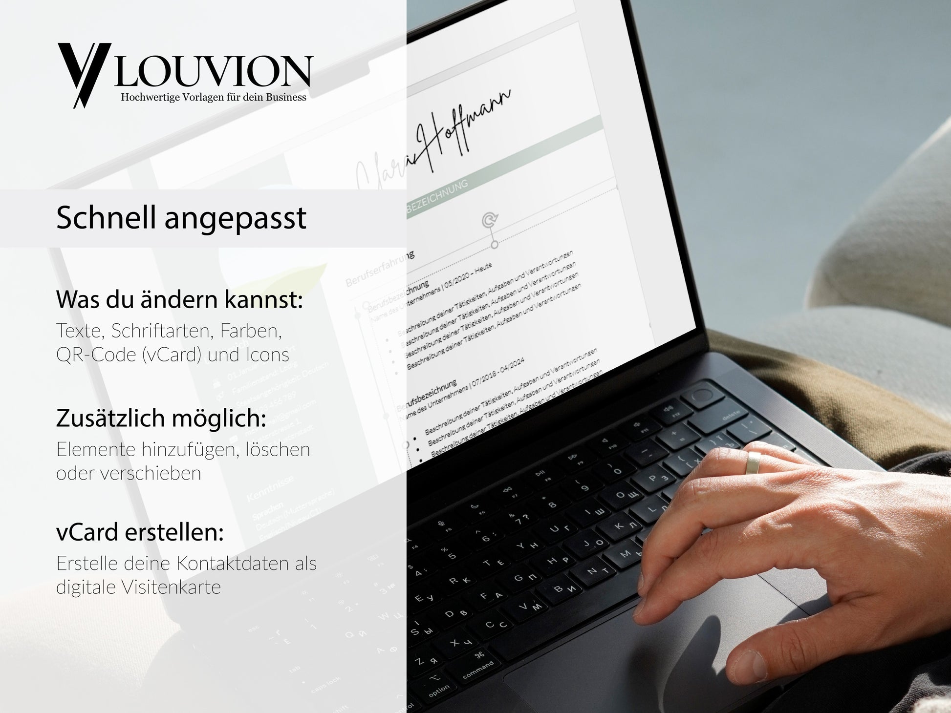 Einfache Bearbeitung der Lebenslauf Vorlage in Word oder Canva inklusive vCard-Erstellung für moderne Bewerbungsunterlagen.