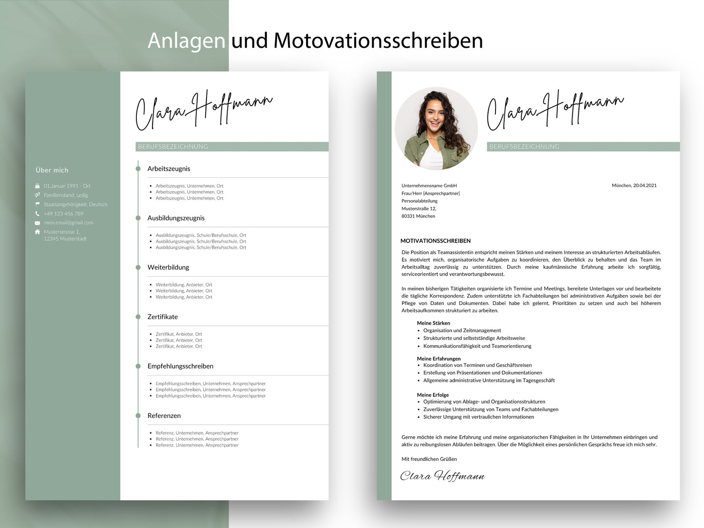 Anlagenverzeichnis und Motivationsschreiben als Teil der professionellen Lebenslauf Vorlage für Word und Canva.