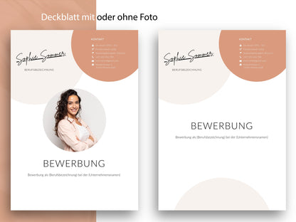 Modernes Bewerbungsset mit Deckblatt-Varianten für Word und Canva, wahlweise mit oder ohne Bewerbungsfoto gestaltbar.