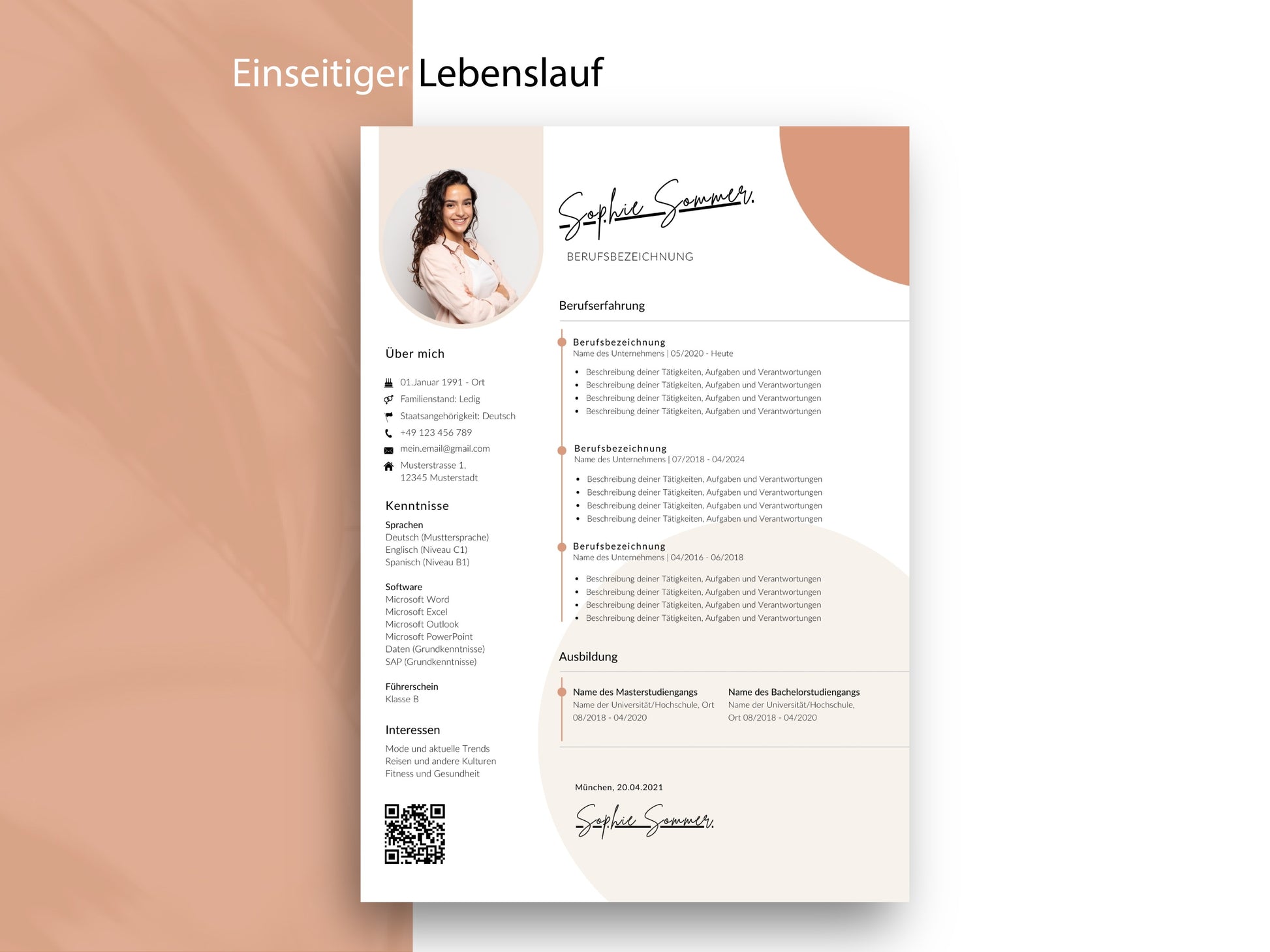 Einseitige Lebenslauf-Vorlage im modernen Design für Word und Canva mit klarer Struktur für Berufserfahrung und Kenntnisse.