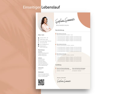 Einseitige Lebenslauf-Vorlage im modernen Design für Word und Canva mit klarer Struktur für Berufserfahrung und Kenntnisse.