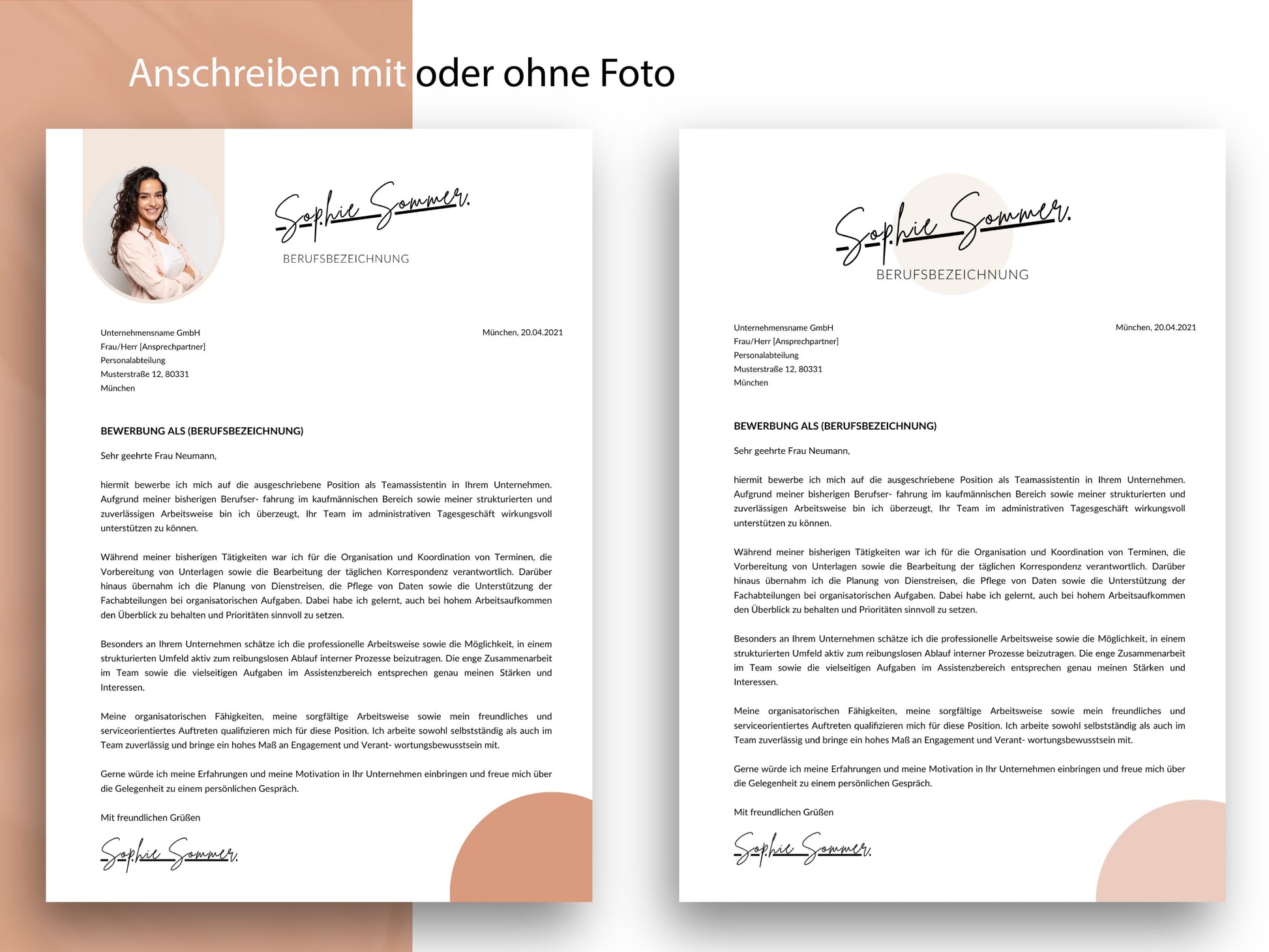 Professionelles Anschreiben-Set für Word und Canva, wahlweise mit oder ohne Foto passend zum modernen Lebenslauf-Design.