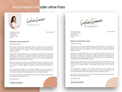 Professionelles Anschreiben-Set für Word und Canva, wahlweise mit oder ohne Foto passend zum modernen Lebenslauf-Design.