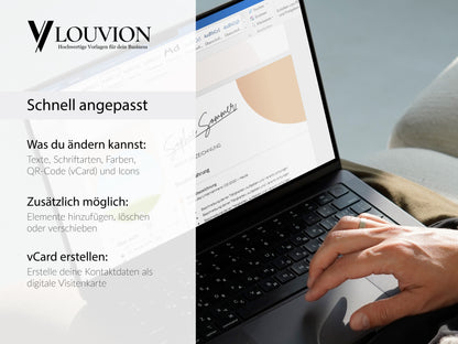 Anpassbare Lebenslauf-Vorlage für Word und Canva mit Optionen für vCard-QR-Code, individuelle Texte, Icons und Farben.