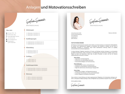 Modernes Bewerbungsset für Word und Canva inklusive Motivationsschreiben und strukturiertem Anlagenverzeichnis.
