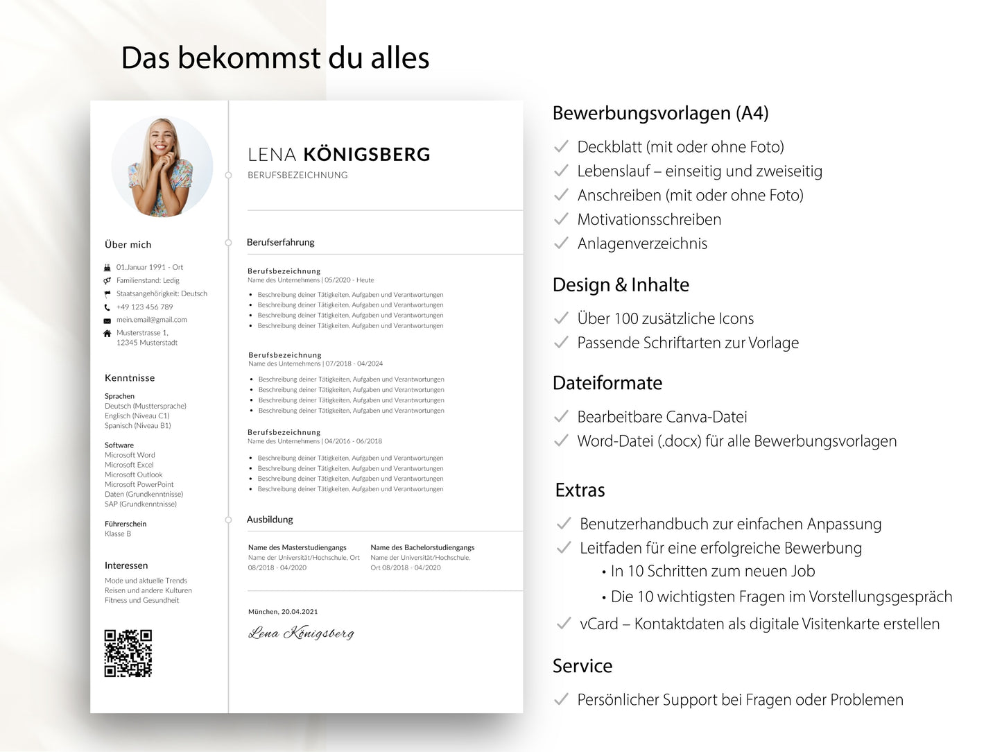 Übersicht des Komplettpakets: Lebenslauf Vorlage für Word und Canva mit Anschreiben, Deckblatt und Bonus-Material.