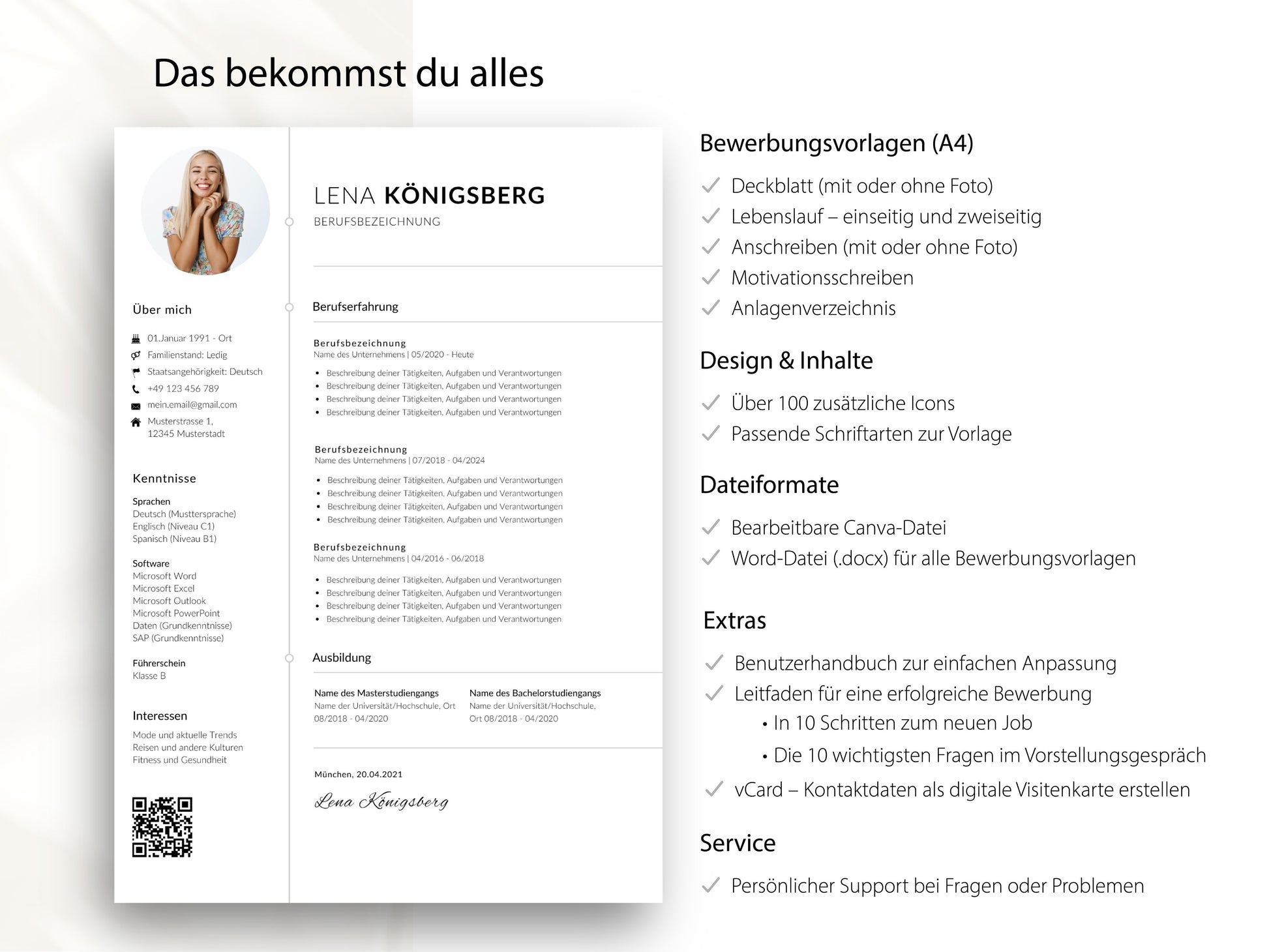 Übersicht des Komplettpakets: Lebenslauf Vorlage für Word und Canva mit Anschreiben, Deckblatt und Bonus-Material.