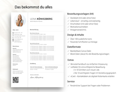 Übersicht des Komplettpakets: Lebenslauf Vorlage für Word und Canva mit Anschreiben, Deckblatt und Bonus-Material.