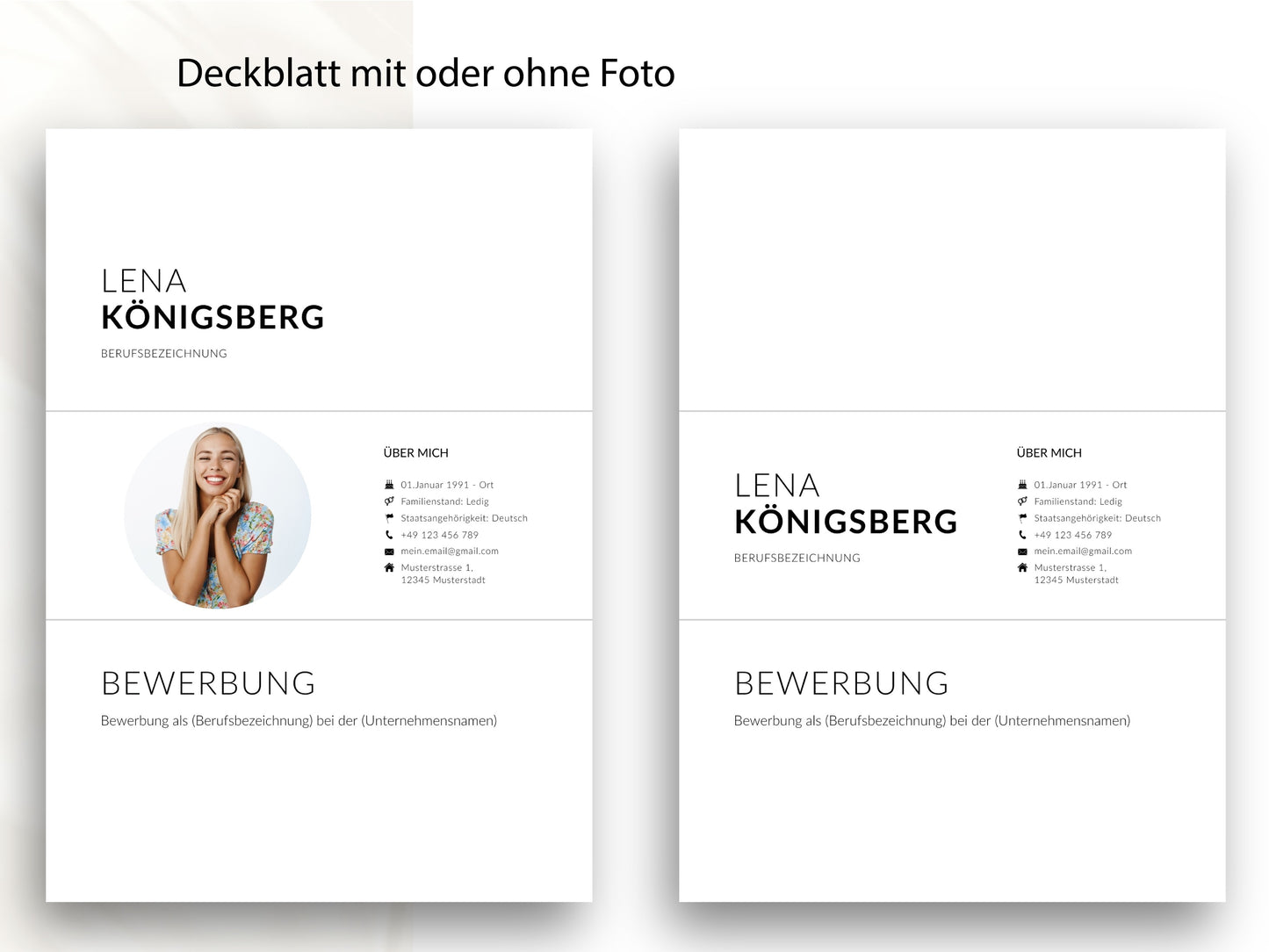 Professionelle Deckblatt-Varianten für die Bewerbung mit und ohne Foto als Teil der CV-Vorlage für Word und Canva.