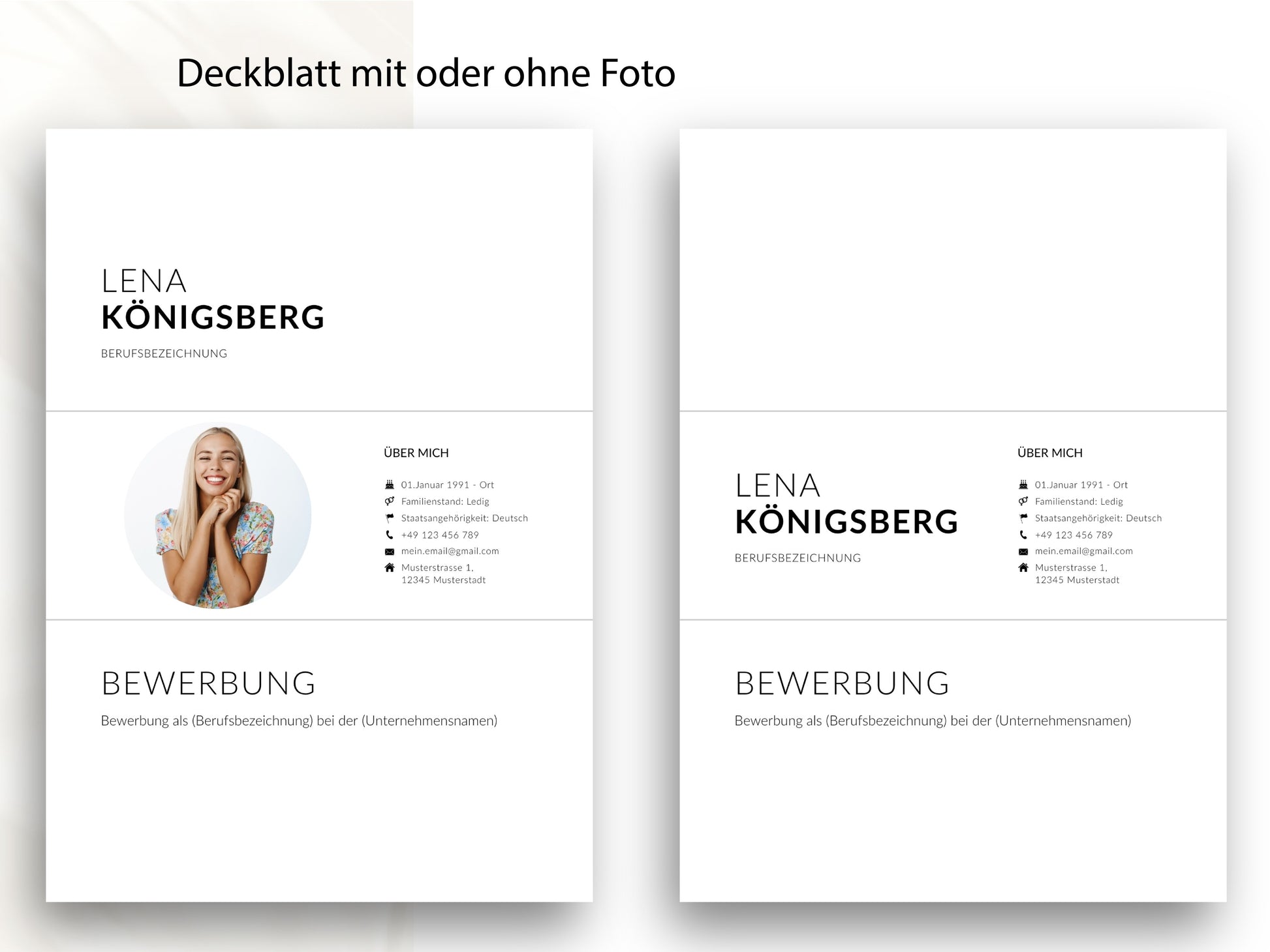 Professionelle Deckblatt-Varianten für die Bewerbung mit und ohne Foto als Teil der CV-Vorlage für Word und Canva.