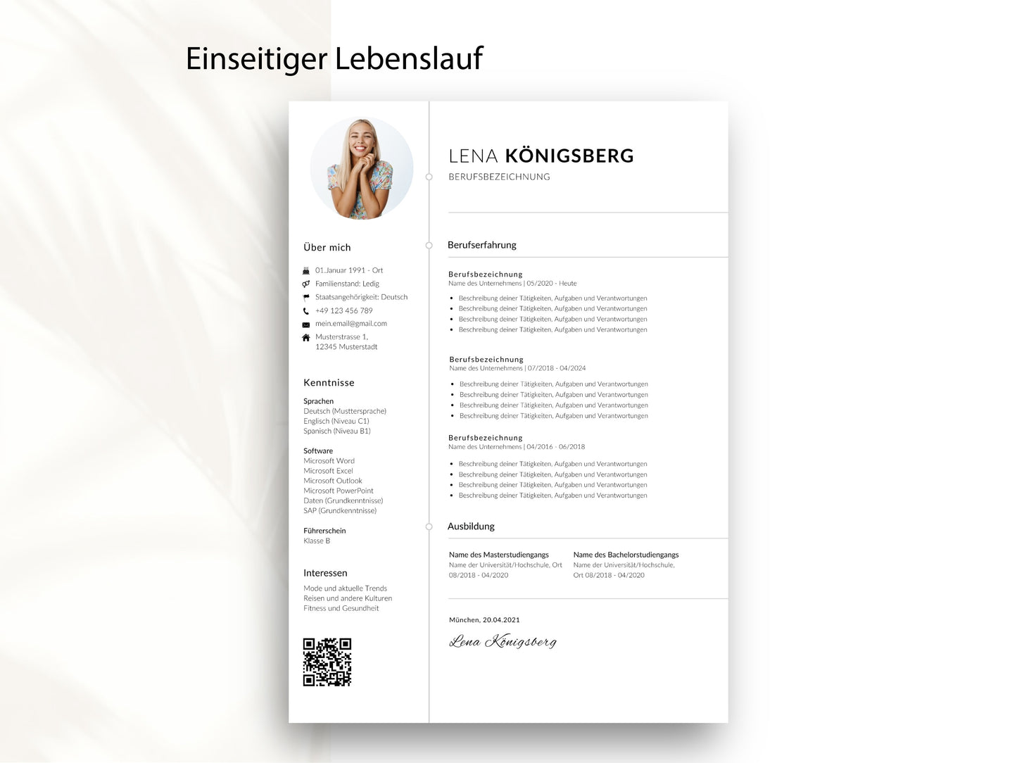 Einseitige CV-Vorlage für eine kompakte Bewerbung mit klarem Design für Word und Canva zur einfachen Bearbeitung.