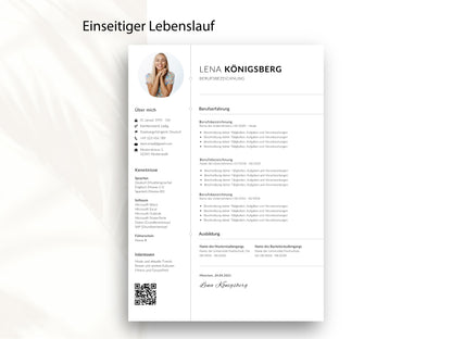 Einseitige CV-Vorlage für eine kompakte Bewerbung mit klarem Design für Word und Canva zur einfachen Bearbeitung.
