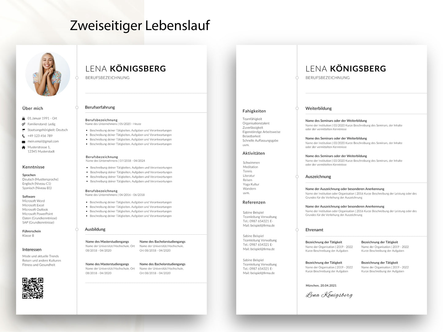 Zweiseitige Lebenslauf-Vorlage für Word und Canva mit viel Platz für berufliche Stationen, Referenzen und Weiterbildungen.