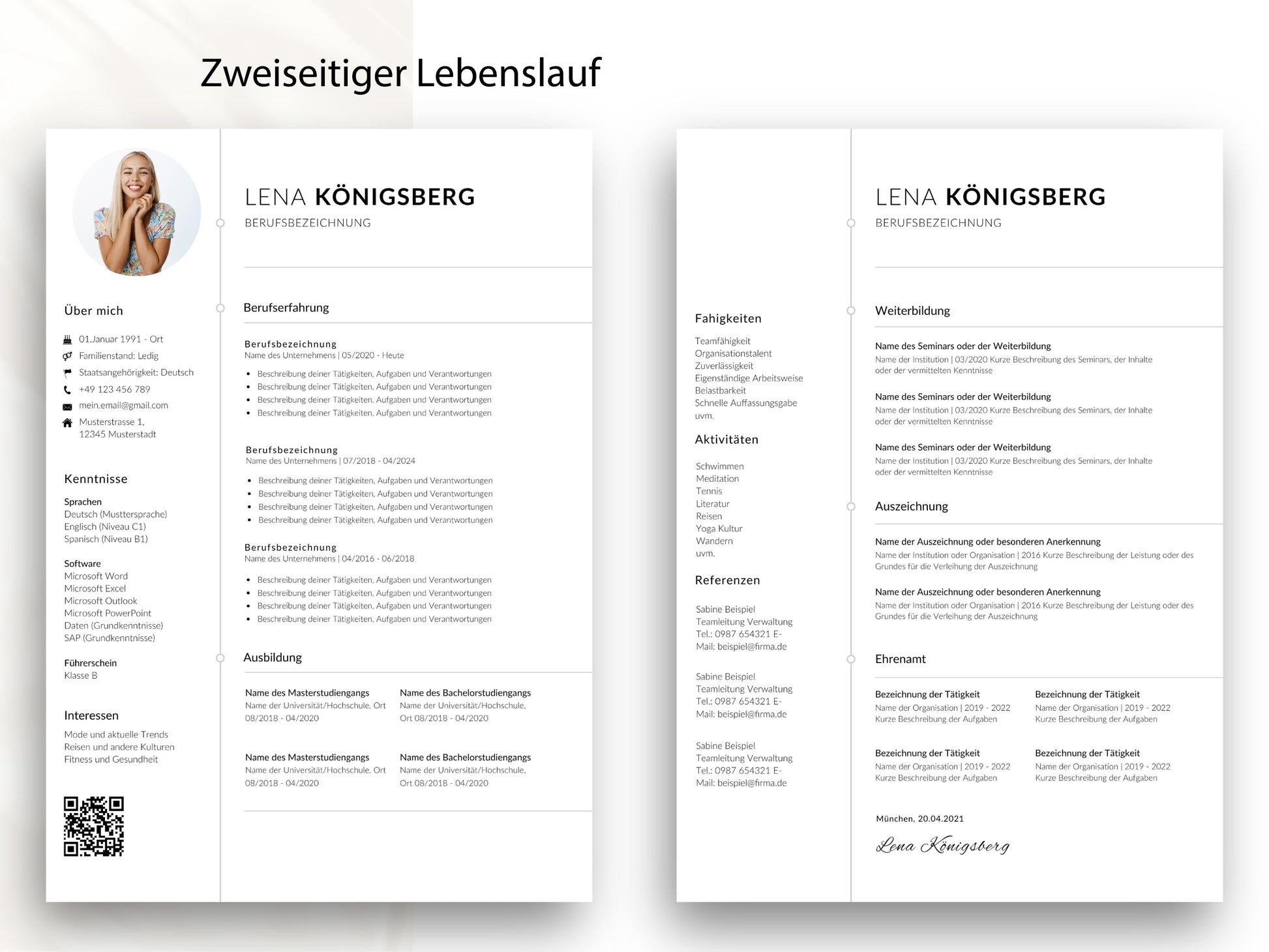Zweiseitige Lebenslauf-Vorlage für Word und Canva mit viel Platz für berufliche Stationen, Referenzen und Weiterbildungen.