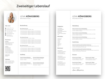 Zweiseitige Lebenslauf-Vorlage für Word und Canva mit viel Platz für berufliche Stationen, Referenzen und Weiterbildungen.