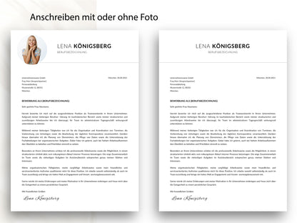 Professionelles Anschreiben für die Bewerbung in zwei Varianten mit und ohne Foto, passend zur CV-Vorlage für Word und Canva.