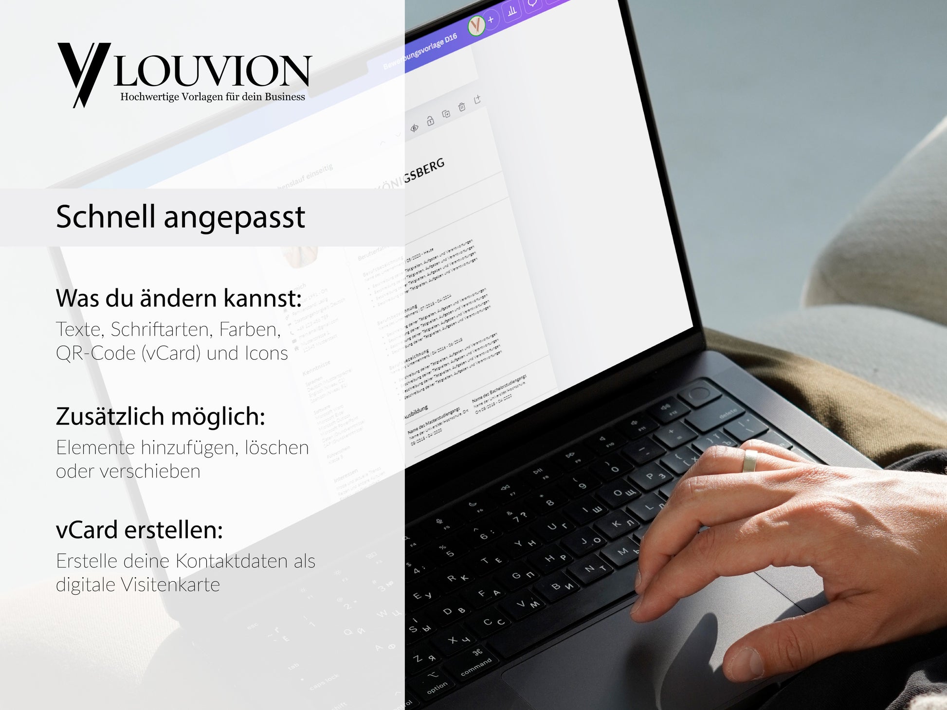 Einfache Bearbeitung der Lebenslauf-Vorlage in Canva und Word inklusive Anpassung von Texten, Icons und digitaler vCard.