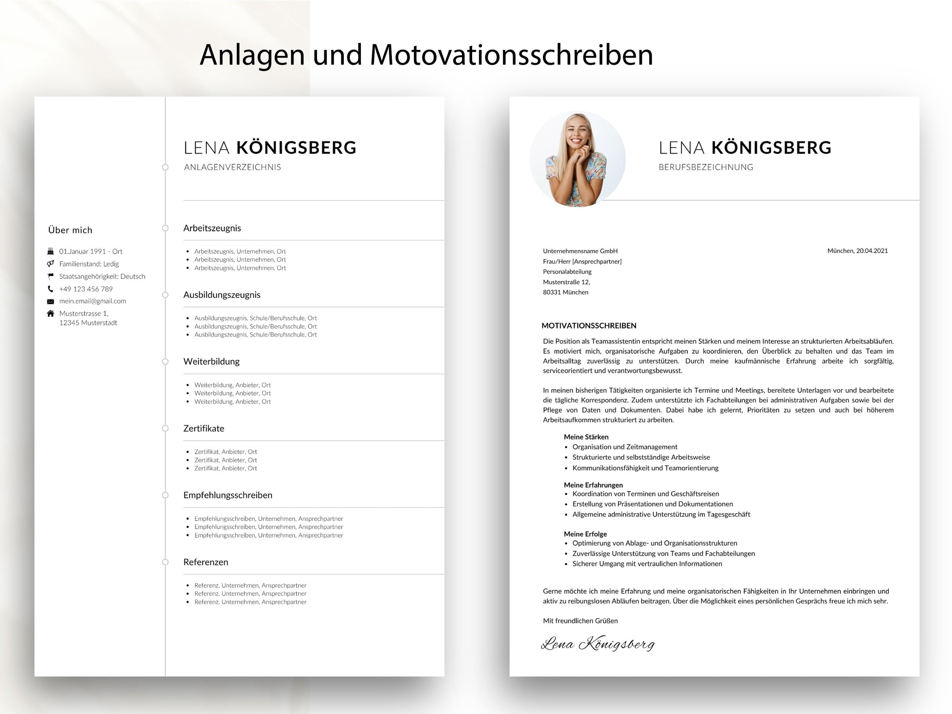 Vorlagen für Anlagenverzeichnis und Motivationsschreiben im einheitlichen Design der CV-Vorlage für Word und Canva.