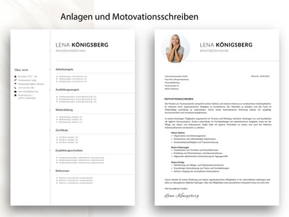 Vorlagen für Anlagenverzeichnis und Motivationsschreiben im einheitlichen Design der CV-Vorlage für Word und Canva.