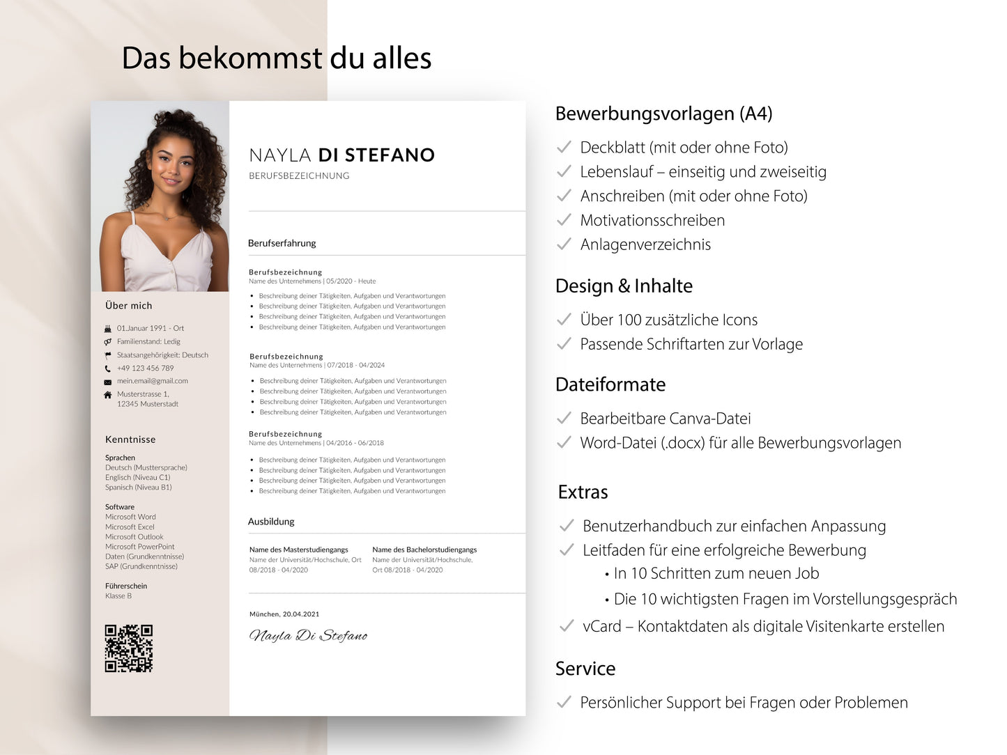 Übersicht des 9-seitigen Full Bewerbung-Sets mit Lebenslauf-Vorlage, Anschreiben und Extras für Canva und Word.